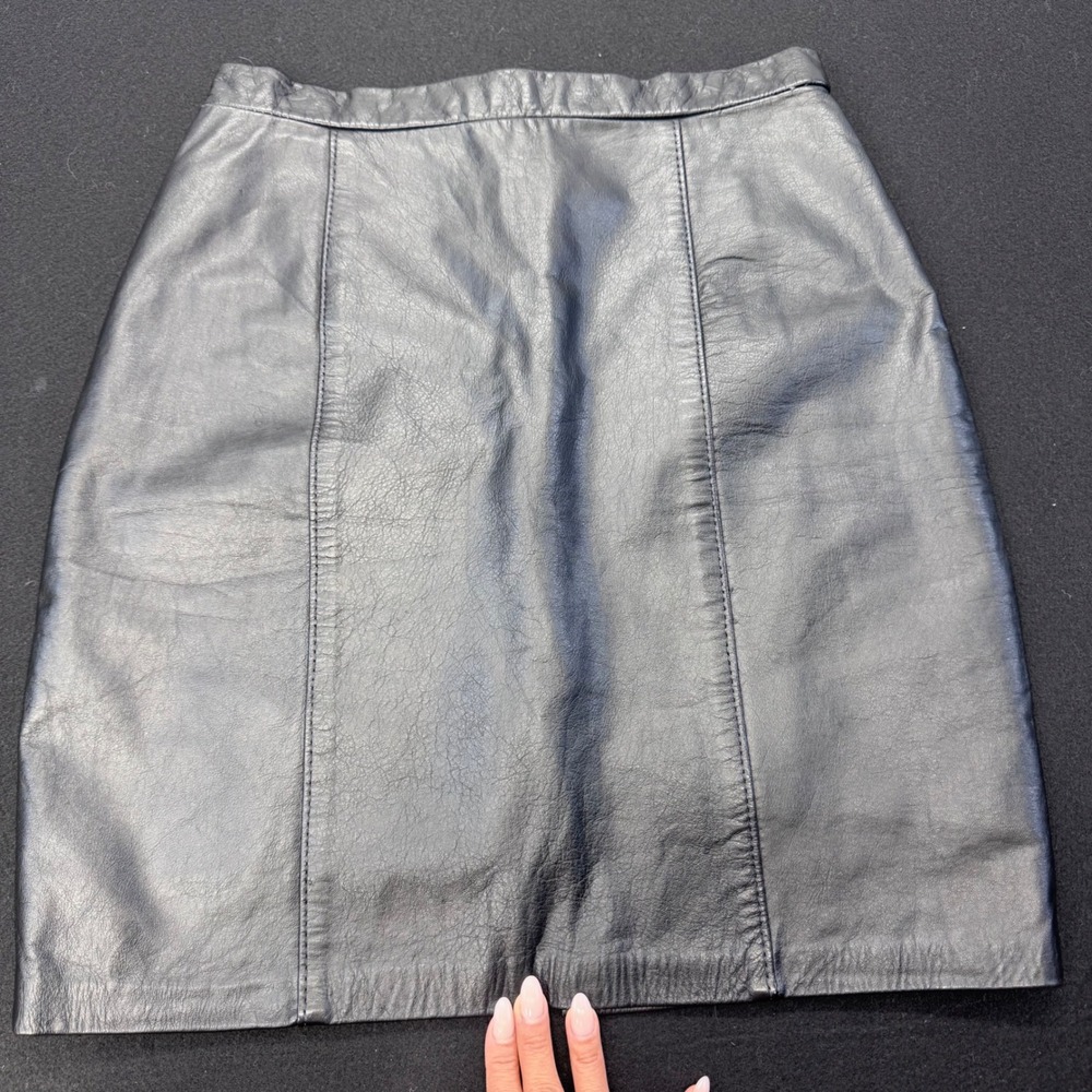 Vintage Black Leather Mini Skirt High Waisted Front Zip Slit Panel Pencil Skirt